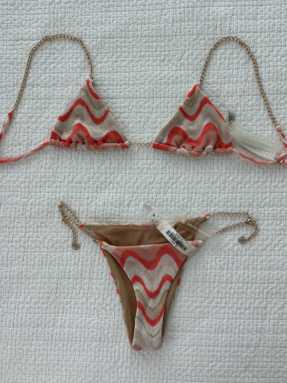 DEVON WINDSOR Coral and Cream Wave-Print Bandeau Bikini